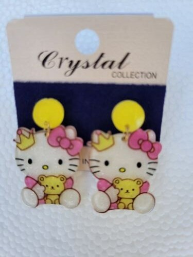 Hello Kitty Stud Earrings Dangle Lightweight Pink/Yellow Bow Cutie Collectable  - Picture 1 of 2