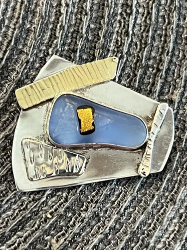 Gold Sterling Silver Brooch/Pin 18K Gold Sucherman Modern Art Deco Glass NICE