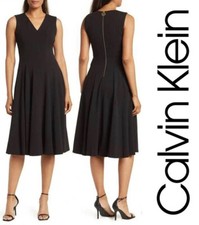 NWT CALVIN KLEIN Sleeveless Black V-Neck Seamed Fit & Flare Midi Dress Sz 10