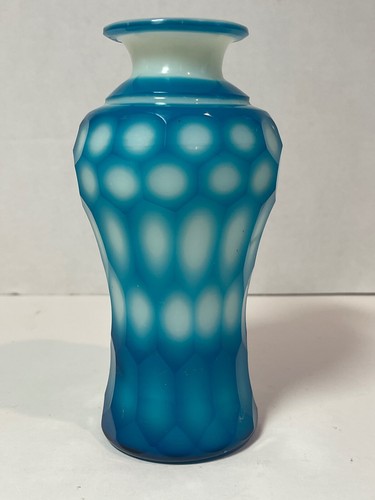 Antique Chinese Peking Glass Vase White Cased in Blue and Cut with Hexagons 1900