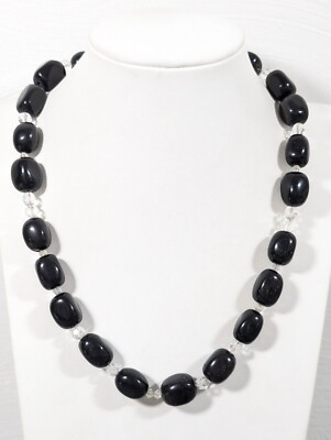 Western Tribal Black Stone Clear Glass Bead Chunky Heavy Toggle Necklace 20 in