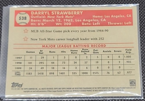 Mini Diamante Darryl Strawberry 2021 Topps Cromo Platino Negro Blanco - Imagen 3 de 4