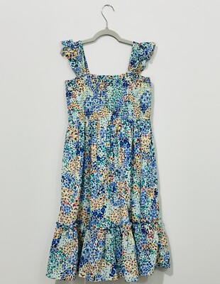 Crewcuts Girls Smocked Dress 10 Cotton Blue White Green Floral Tiered Lined NWOT