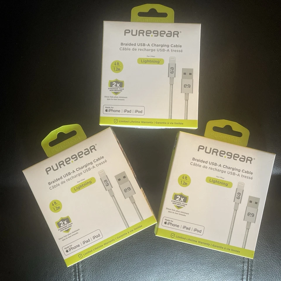 Cable trenzado 4-PureGear 4 pies iPhone a USB-A - plateado.(4 cables) Foto 3 de 3