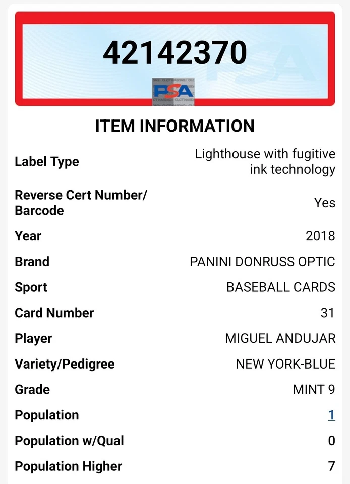 /149 POP 1 Miguel Andujar RC 2018 Panini Optic Rated Rookie BLUE #31 PSA 9 MINT  - Image 3 of 3