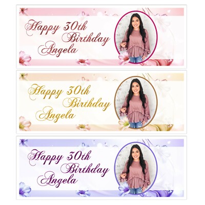 PERSONALISED PHOTO BIRTHDAY  BANNER LADIES NAME PARTY PURPLE GOLD PINK