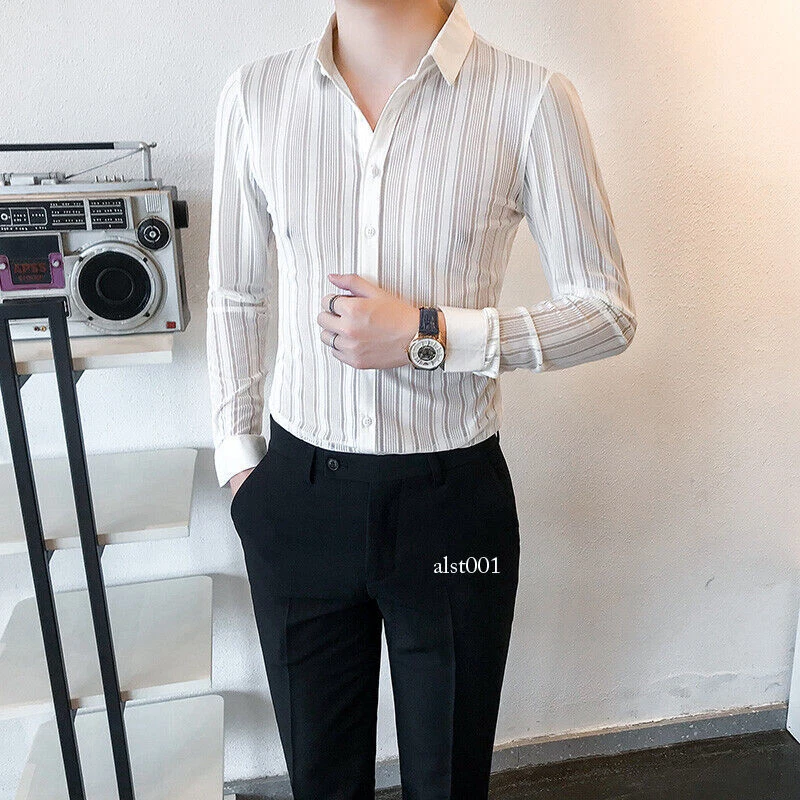 Mens See Through Long Sleeve Slim Fit Lace Shirts Tops Nightclub Summer Blouses - Image 3 of 4