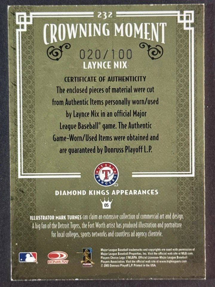 2005 Donruss Diamond Kings Серебряные Материалы Подписи /100 Laynce Nix #232 Авто - Изображение 2 из 2