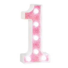Pink Marquee Light Up Number 1 Sign Glitter LED Lights Battery Powered Decor