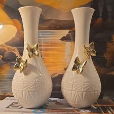 Pair of White Ceramic Vases with Gold Butterfly Decorative Glossy Accents