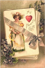 My Heart's Gift Girl and Purple Flowers Valentine Greetings Vintage Postcard