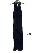Eliza J formal dress Navy BLue Halter Beaded Waterfall Flounces S 6P Whimsigoth