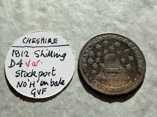{195} STUNNING SILVER Shilling Cheshire Stockport (no H on Bale) 1812. D4 R