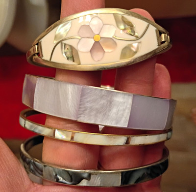 Lot of 4 Metal Bangle Bracelets Mixed Silver & Gold Floral Design