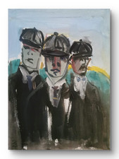 Original acrylic painting 12 x 16 inch canvas, Three Men In Caps