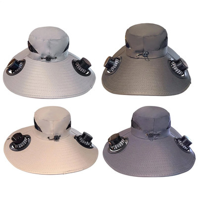 Solar USB Dual Fan Hat Wide Brim UV Protection 3-Speed Fishing Hiking Unisex