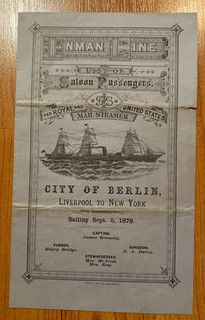 1878 Inman Line passenger list steamship City of Berlin Liverpool to NY