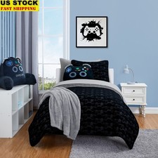 Kids Reversible Quilt Set with Gray Sheets Twin 5 Piece Microfiber Polyester