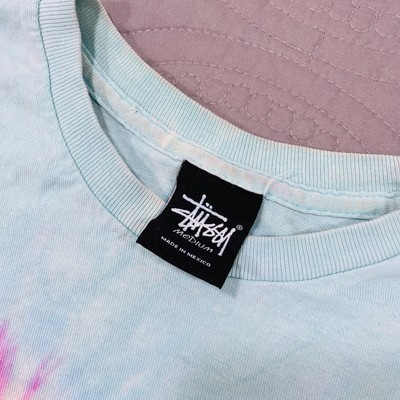 Stussy T Shirt Medium Pink Blue Big Logo Tie Dye Vintage Mexico
