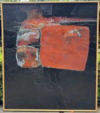 California School Abstract Expressionist Painting Art Large Red on Black  Square