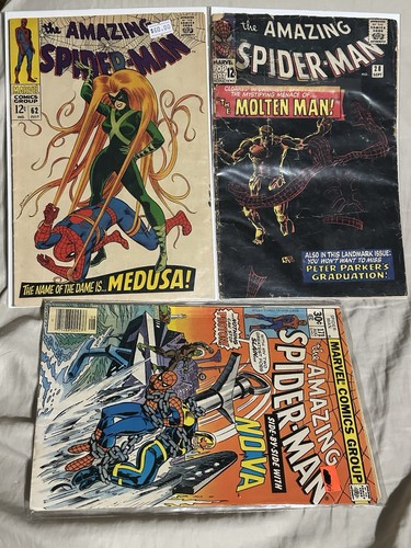 Lot 3 Vintage Amazing Spiderman 1st Appearance Molten Man # 28 Medusa # 62 VG +