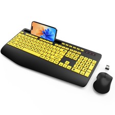 Wireless Keyboard and Mouse, Wrist Rest, Large Print, Phone Holder, 2.4G Ergo...