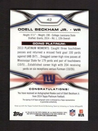 2014 Topps Platinum Blue Refractor - ODELL BECKHAM JR - Rookie Auto RC #/99 - Picture 3 of 3