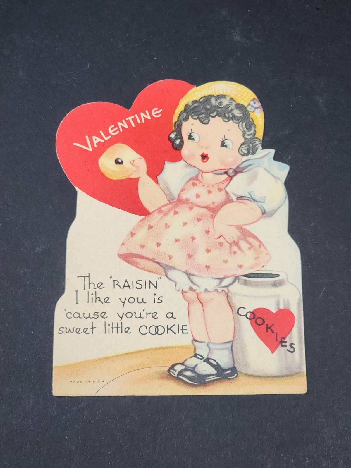 Vintage 1930s Valentines Day Card Girl Holding Cookie Next To Cookie Jar