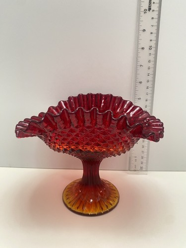 Amberina Ruffled Diamond Point Ruffled Banana Fruit Pedestal Bowl Compote GLOWS - Picture 5 of 11