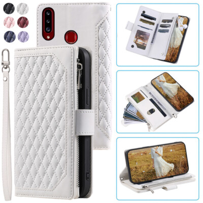 For Samsung A20s Luxury Rhombic Wallet Case,Leather Zipper Flip