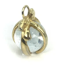 Vintage Women's Gold Color Metal Bow Round Glass Pendent 3D 2" No Maker Mark