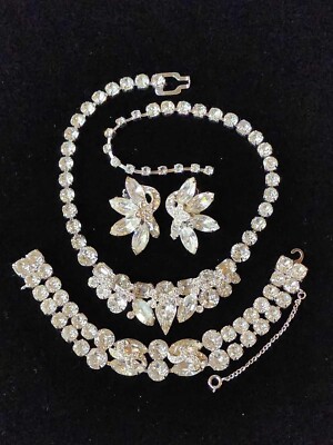 3pc Vintage Estate Eisenberg Ice Rhinestone Parure Necklace, Bracelet & Earrings