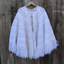 Vintage 70s Handmade White Crochet Poncho with Fringe, One Size - Adult