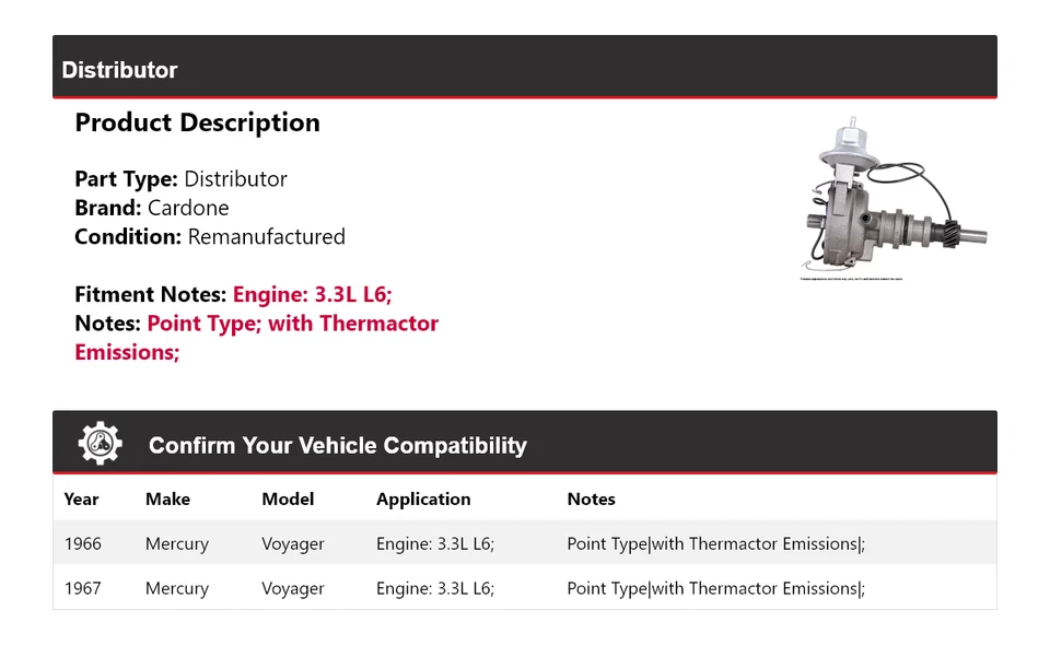 For 1966-1967 Mercury Voyager 3.3L L6 Distributor Cardone - Image 2 of 4