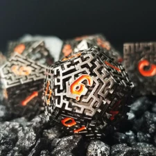 Sage's Labyrinths - Black Weave Red Ink Hollow Metal Polyhedral Dice Set DnD