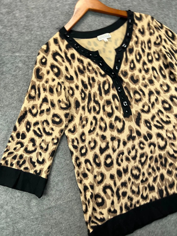 Joseph A Quest Cequecest Silk Top Womens Large Brown Leopard Beaded 3/4 Sleeve 1 - Image 2 of 4