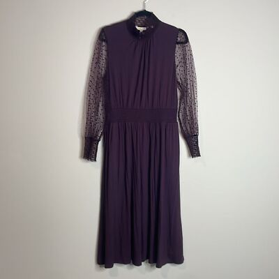 Boden Women's Tulle Long Sleeve Mock Neck Midi Dress in Plum Size 10 Petite NWT