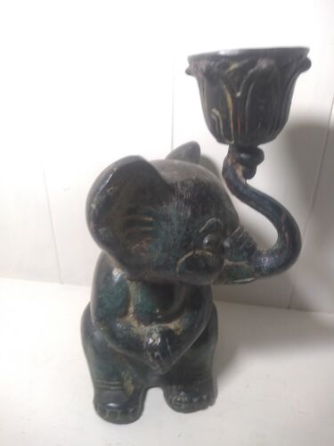 Metal Bronze Baby Elephant Trunk Up Candle Holder Good Luck - Picture 2 of 9