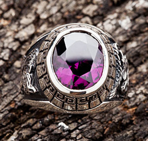 JAPANESE TIGER & DRAGON 925 STERLING SILVER MENS RING AMETHYST PURPLE NEW BIKER - Picture 1 of 7