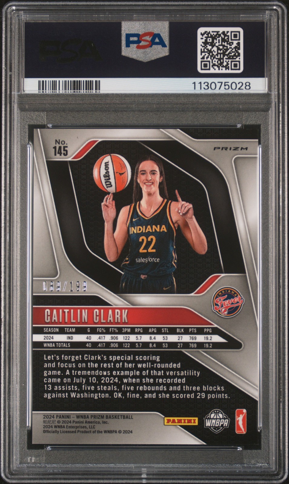 2024 Panini Prizm WNBA Caitlin Clark #/199 Blue Pulsar RC Rookie Card #145 PSA 9 view 2