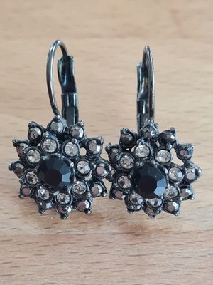 Vintage Ohrhänger im Konplott-Stil | Schwarz & Antiksilber | Kristall-Blüte