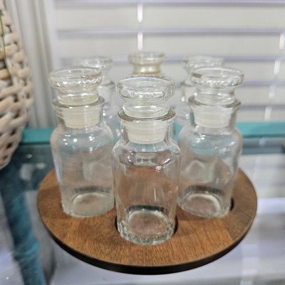 Apothecary 6Clear Glass Bottles Stopper Spices Japan -Wooden Spinning Lazy Susan