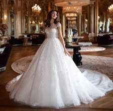 Scoop Neckline Sparkle Leaf Lace Puffy A Line Wedding Dress Chapel Train