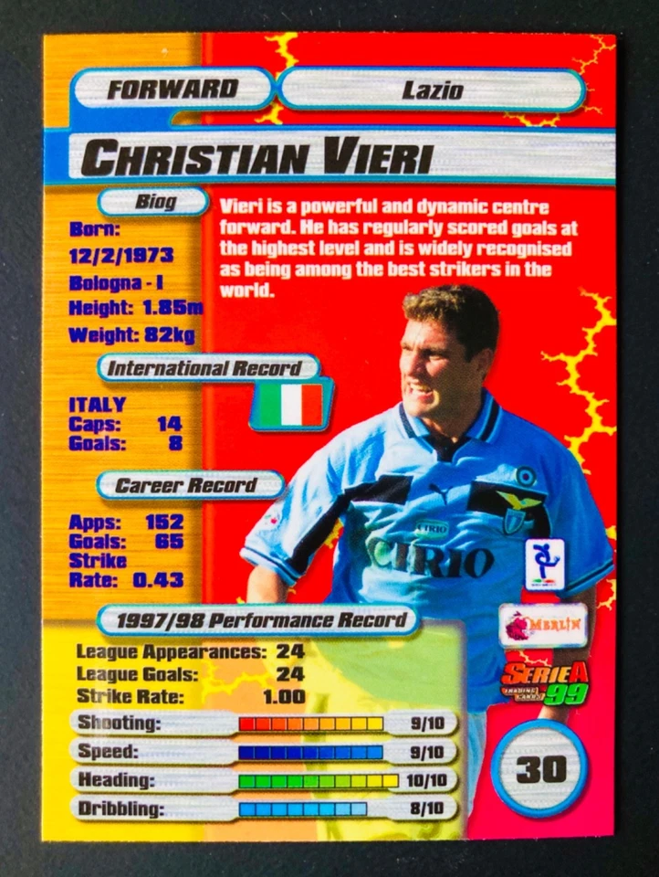 Tarjeta paralela Merlín Serie A 1999 #30 Christian Vieri Lazio Gold foil 1998-99 Foto 2 de 3