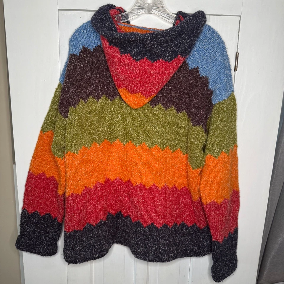 Suéter con capucha a rayas coloridas con cremallera mezcla de algodón tejido a mano nativo americano Foto 3 de 4