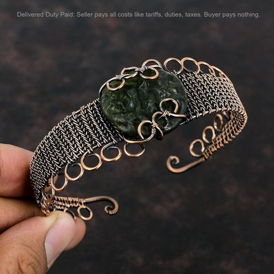 Black Friday Deal Copper Round Natural Moldavite Wire Wrapped New Cuff Jewelry