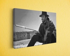 Clint Eastwood Western Cowboy Canvas Wall Art - Black & White Rustic Rifle Print
