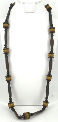 Vintage Wood Bakelite Boho Tribal Necklace Brown Amber Tone Long Beaded Endless