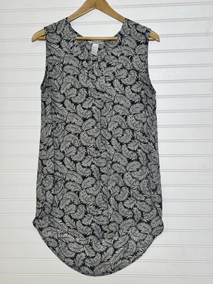 H&M Women's Sleeveless Sheer Black Cream Feather Print Tunic Blouse Sz 6