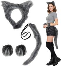 4 Stück Wolf Kostüm, Werwolf Kostüm mit Kopfband, Armstulpen und Schwanz, Furry 